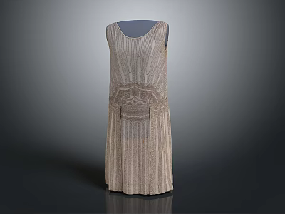 Sleeveless Beige Dress With Elegant Striped Patterns And Vintage Design Details 3d model