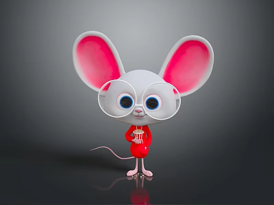 Adorable cartoon mouse with big pink ears round glasses and red shirt on grey background 3d model