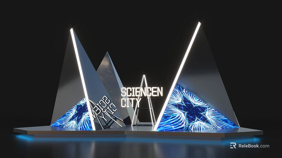 Science City Illuminated Triangular Structures With Blue Lighting And Urban Design 3d model