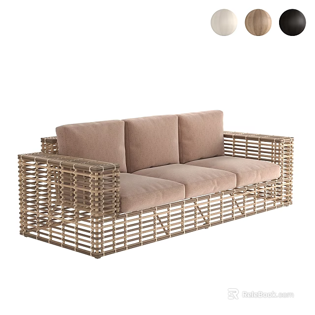 Three Seat Wicker Sofa with Light Brown Cushioned Back and Seats 3d model