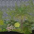 Lush Green Plants with Palm Tree Purple Flowers and Golden Vines Against Black Brick Wall