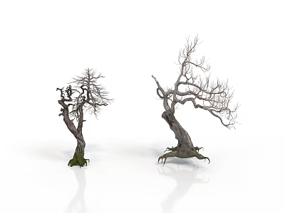 Withered Trees Scene With Thick Trunk Exposed Roots And Black Text On White Background 3d model