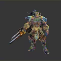 Man With Purple Hair In Blue And Gold Armor Holding Flaming Sword Heroic Stance