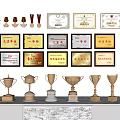 Collection of Golden Trophies and Medals with Wall Displayed Certificates