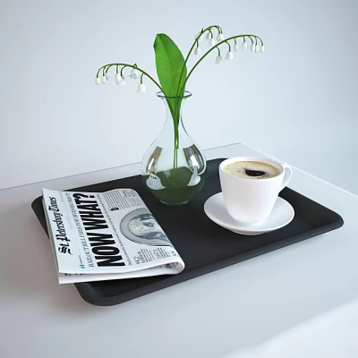 Freshly Brewed Coffee In White Cup On Black Tray With Newspaper And Flower Vase 3d model