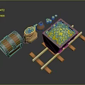 Mine Cart Filled With Gold Coins Near Wooden Barrel And Clay Pot