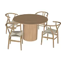 Wooden Round Dining Table Set With Fluted Pedestal And Rattan Seat Chairs