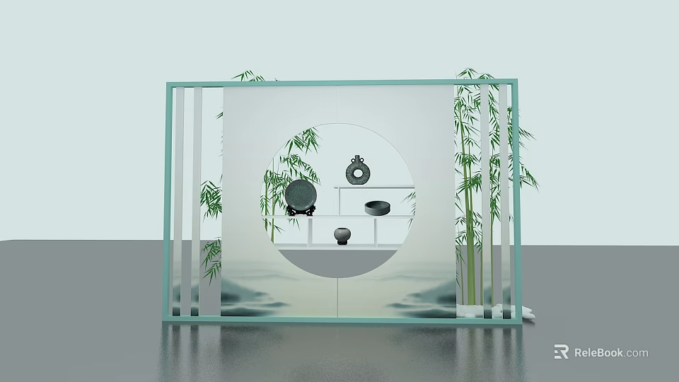 Chinese Style Decorative Background Wall With Round Frame Bamboo And Tea Set 3d model