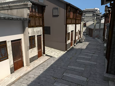 Traditional Chinese Commercial Street With Stone Paved Paths White Walls And Wooden Windows 3d model
