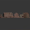 Dilapidated Wooden Houses with Various Structures and Scattered Wooden Components in Ruined Architectural Setup 3d model