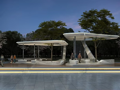 Modern Outdoor Pergola Design With Canopy Seats Green Trees And People In Park 3d model