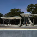 Modern Outdoor Pergola Design With Canopy Seats Green Trees And People In Park