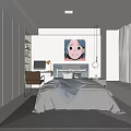 Bright Kids Room Interior With Bed Cartoon Painting Desk Lamp And Window