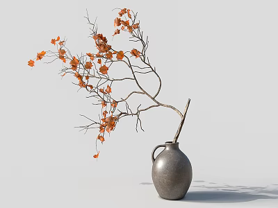 Decorative Ceramic Vase With Orange Leaves And Branches On Minimalist Background 3d model