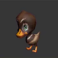 3D Cartoon Duckling With Brown Feathers Green Eyes Orange Beak And Feet On Dark Background