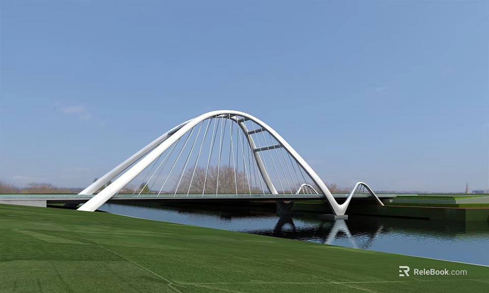 Modern Arched Cable Stayed Bridge Over Water With Green Grass And Blue Sky 3d model 