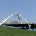 Modern Arched Cable Stayed Bridge Over Water With Green Grass And Blue Sky