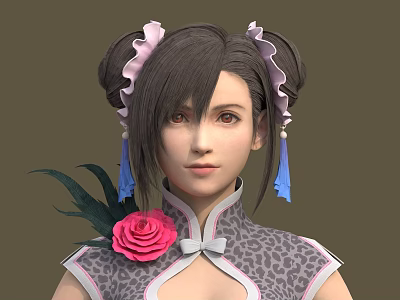 Game Movie Character With Double Buns Pink Rose Blue Tassels And Patterned Qipao Dress 3d model