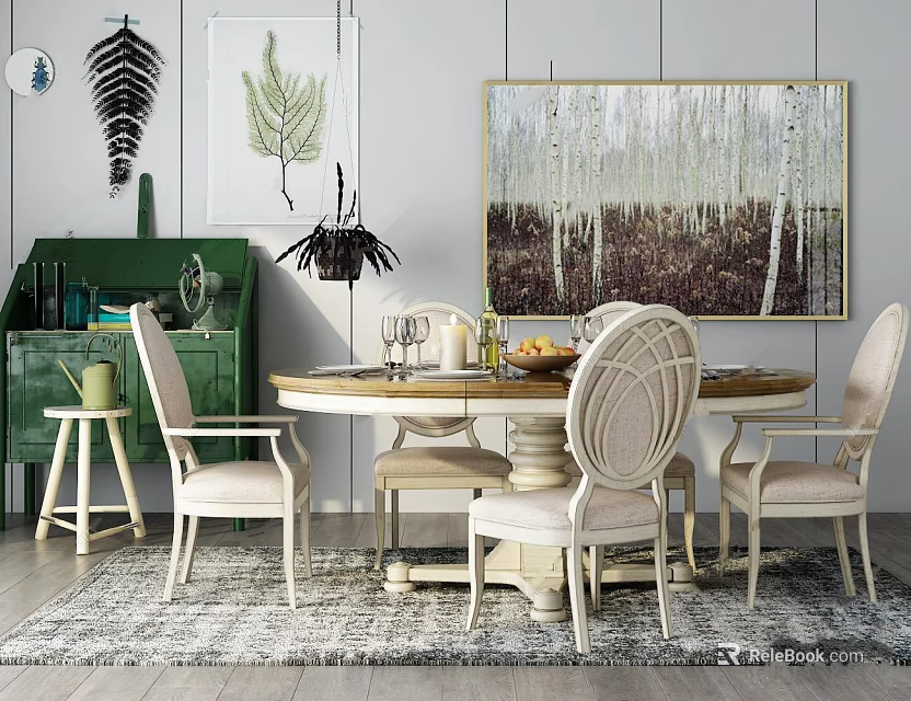 Elegant Round Dining Table Set With Wicker Back Chairs And Nature Themed Wall Art 3d model 