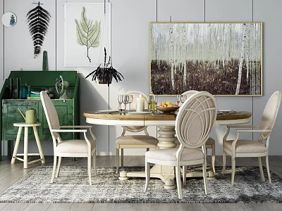 Elegant Round Dining Table Set With Wicker Back Chairs And Nature Themed Wall Art 3d model