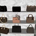 Stylish Designer Bags Collection Displayed on White Shelves Various Colors Classic Patterns Tote Chain Designs