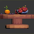 Fresh Assorted Fruits on Wooden Round Table with Blue Bowl and Purple Grapes