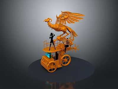 Intricate Orange Mechanical Sculpture With Phoenix And Human Figure On Wheel Platform 3d model