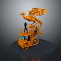Intricate Orange Mechanical Sculpture With Phoenix And Human Figure On Wheel Platform