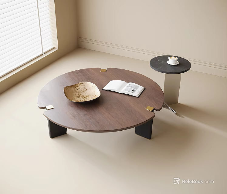Round Wooden Coffee Table with Open Book Shallow Brown Bowl and Black Legs 3d model 