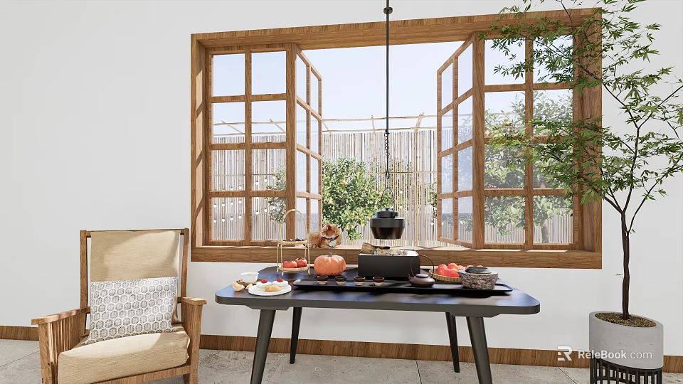 Fresh Fruits And Tea Set On Wooden Dining Table With Natural Window And Plants 3d model 
