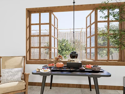 Fresh Fruits And Tea Set On Wooden Dining Table With Natural Window And Plants 3d model