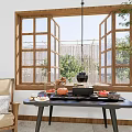 Fresh Fruits And Tea Set On Wooden Dining Table With Natural Window And Plants