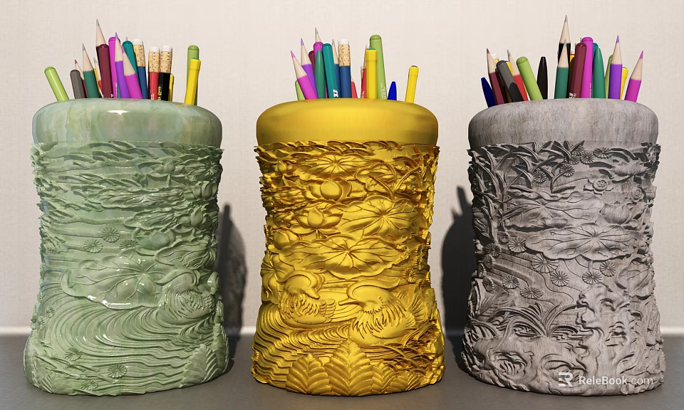 Three Decorative Pencil Holders With Colorful Pencils And Textured Surfaces 3d model 