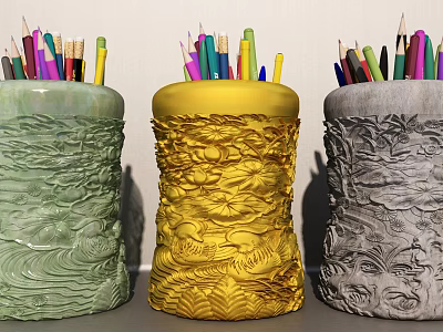Three Decorative Pencil Holders With Colorful Pencils And Textured Surfaces 3d model