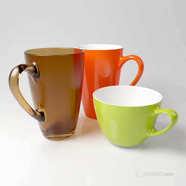 Transparent Brown And Solid Orange Green Mugs With Handles On White Background 3d model 