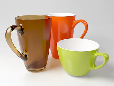 Transparent Brown And Solid Orange Green Mugs With Handles On White Background 3d model