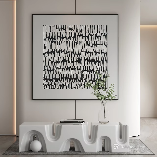 Modern Interior With Abstract Black White Painting And Green Plant On White Table 3d model 