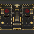Black and Gold Box with Intricate Mechanical Design Red Emblems and Gold Accents