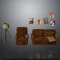 Brown Leather Sofas With Single And Double Seats Floor Lamp And Posters On Gray Wall