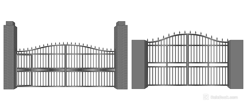 Iron Entrance Gate With Double Door Design And Brick Pillars Spiked Top 3d model 