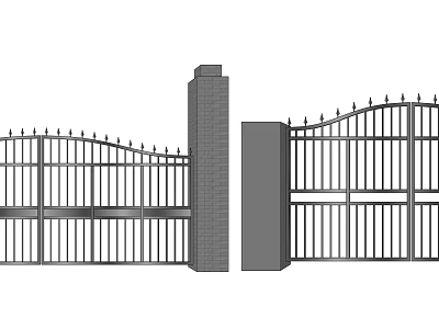 Iron Entrance Gate With Double Door Design And Brick Pillars Spiked Top 3d model