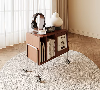 Wooden Mobile Side Table With Wheels Storage Shelf Headphones VOGUE Books And Decorative Vase 3d model