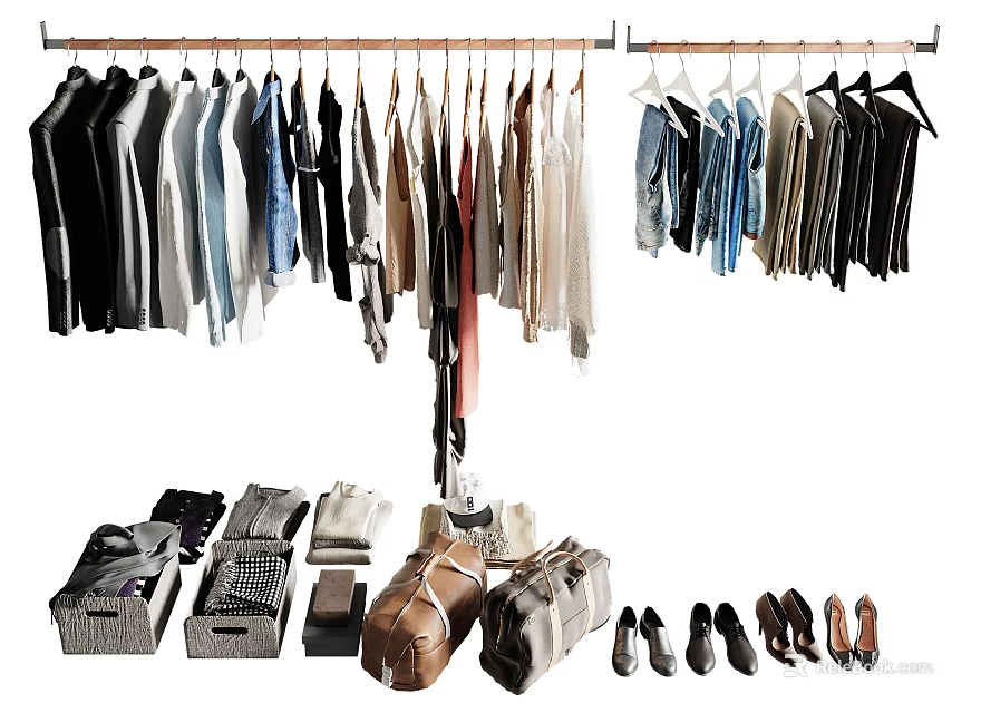 Various Clothes Hanging On Hangers With Folded Garments Bags And Shoes 3d model 