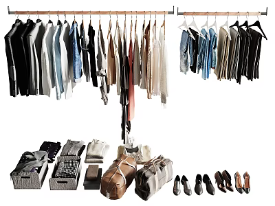 Various Clothes Hanging On Hangers With Folded Garments Bags And Shoes 3d model