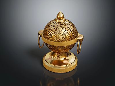 Golden Intricate Carved Pattern Decorative Ornament Spherical Design With Handles And Base For Home Decor 3d model