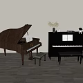 Classic Brown Black Grand Upright Pianos with Sheet Music Benches Vase Dried Flowers Trophy