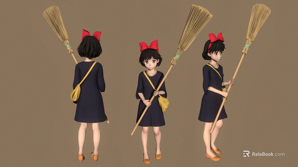 Girl Character Design With Red Bow Blue Dress And Broom From Three Angles 3d model 