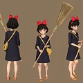 Girl Character Design With Red Bow Blue Dress And Broom From Three Angles