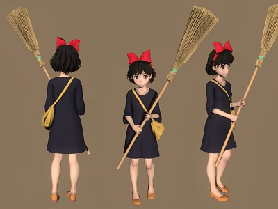 Girl Character Design With Red Bow Blue Dress And Broom From Three Angles 3d model