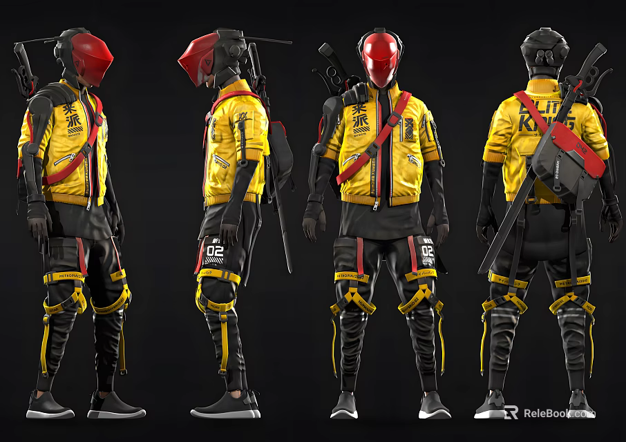Game Movie Character Wearing Yellow Jacket Red Helmet Black Gear with Backpack and Multiple Angles 3d model 